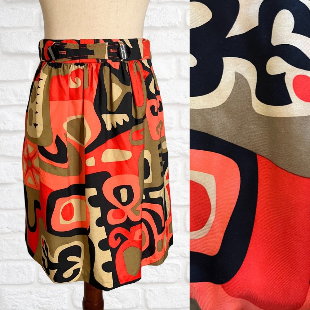 Tibi High Waist Mini Skirt Geometric Colorful Pattern Size 2 Silk Coral Navy